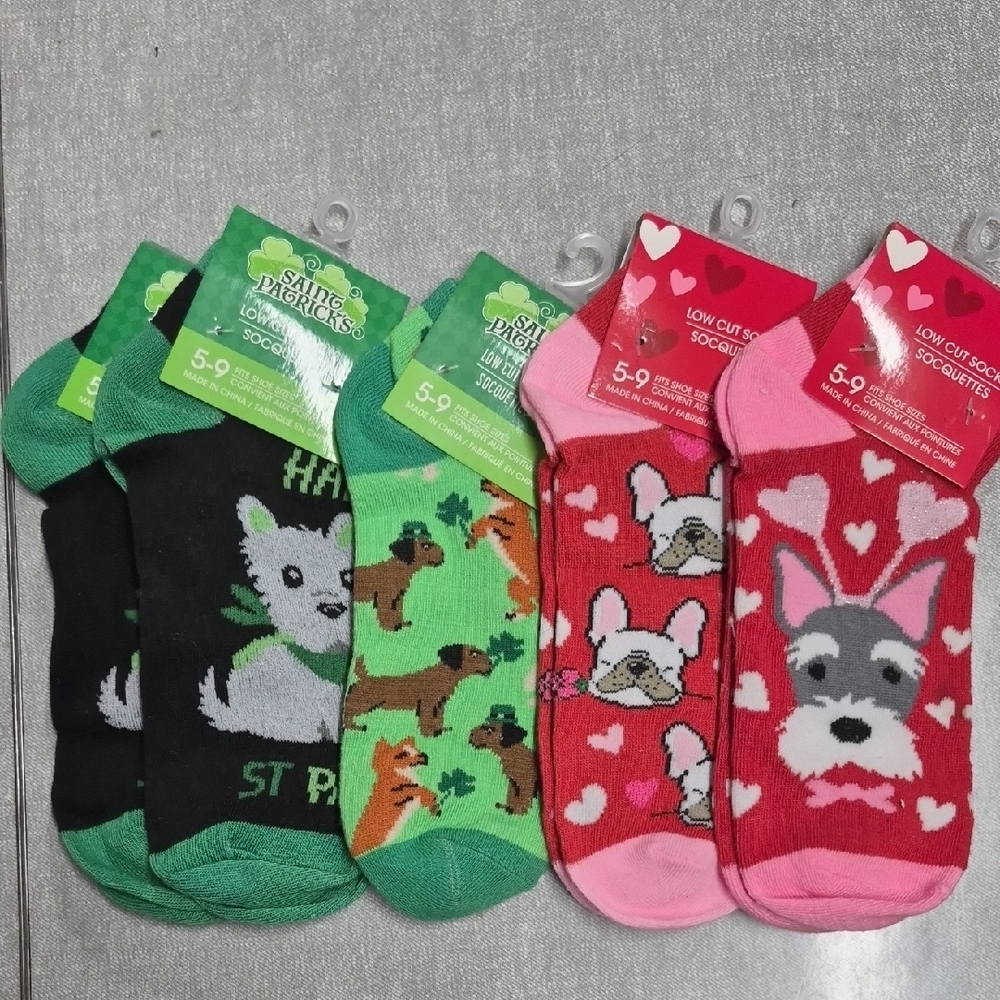 Womens Kids Dog Socks - Green and Pink 5-9 Shoe Size 5 Pair Set